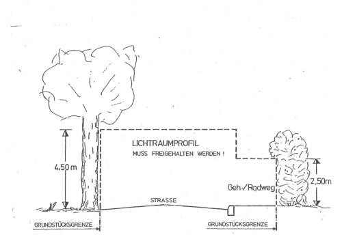 Die Skizze zeigt die Lichtraumprofile am Beispiel einer öffentlichen Straße mit Gehweg.